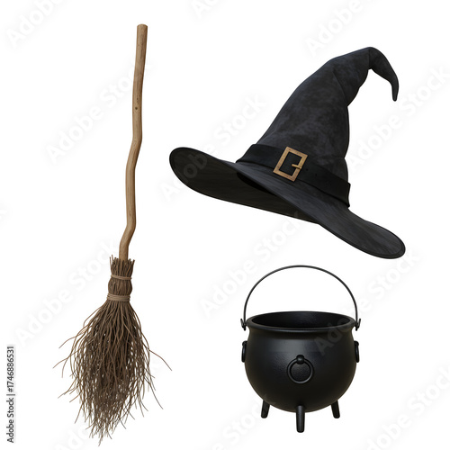 Witch Hat Broom and Cauldron Still Life for Halloween Decoration