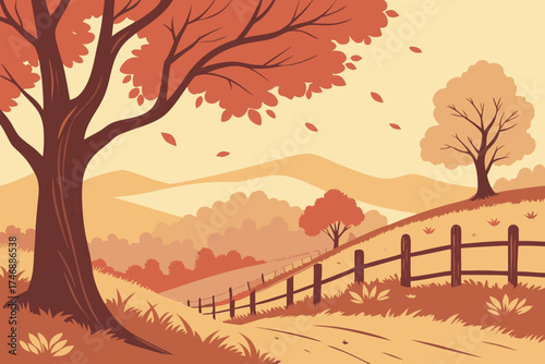  autumn landscape, colorful trees, rolling hills, wooden fence, falling leaves, nature, digital art