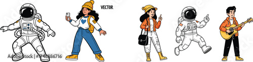 Astronaut Exploring with Diverse Characters Vector Art: A Collection of Cartoon People in Space Suits and Casual Attire Posing, Traveling, Playing Music, Perfect for Educational, Sci-Fi, or Creative D