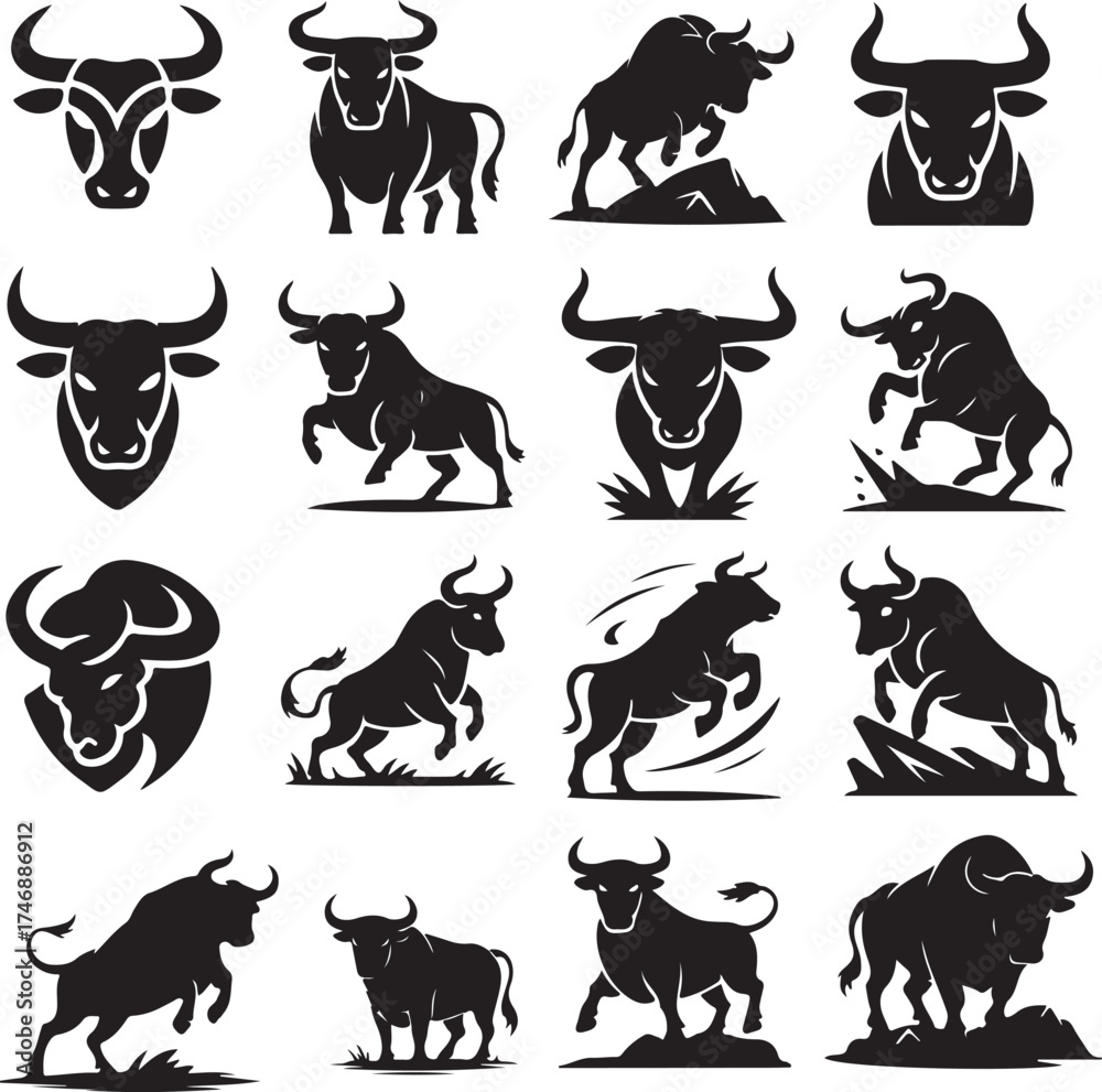 Naklejka premium Collection of Black Bull Silhouette Illustrations Featuring Powerful Animals in Various Poses and Artistic Representations on White Background