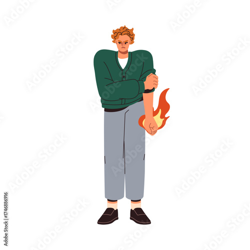 Angry irritated man. Annoyance, irritation, hatred and anger emotions. Furious hating expression with fire flame, fury and rage. Flat graphic vector illustration isolated on white background.