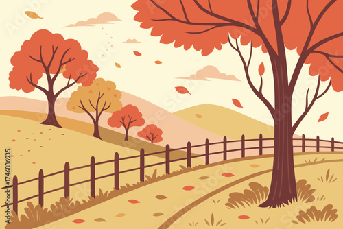  autumn landscape, colorful trees, rolling hills, wooden fence, falling leaves, nature, digital art