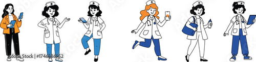 Dedicated Healthcare Professionals Using Technology in a Modern Hospital Setting: Dynamic Group of Nurses and Medical Staff Collaborating on Tablets and Smartphones for Patient Care, Telemedicine Appl