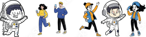 Diverse Group of Cartoon People Using Technology and Exploring Space Adventures in a Modern World, Including Astronauts and Mobile Phone Users, Emphasizing Connection, Innovation, and Digital Lifestyl