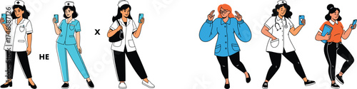 Healthcare Professionals Group Using Smartphones for Communication in a Modern Hospital Setting, Promoting Telemedicine and Medical Technology, Featuring Diverse Nurses, Physicians, Illustrative Style