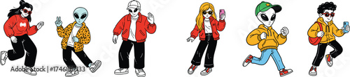 Trendy Aliens Group Posing in Casual Outfits, Street Fashion Models, Sci-Fi Encounter in Urban Setting, Modern Lifestyle Graphic Resource, Extraterrestrial Characters Promoting Peace, Friendship & Ind