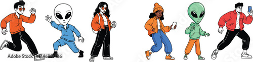 Group of Modern People and Aliens Engaging in Everyday Activities in Urban Setting, Representing Diversity, Inclusion, and Extraterrestrial Integration, Stylized Cartoon Illustration for Web, Marketin