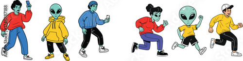 Colorful Alien Characters Engaged in Everyday Activities Illustration: Modern Extraterrestrial Figures with Phones, Running, Standing - Business, Technology, Lifestyle Design for Digital Marketing, Pr