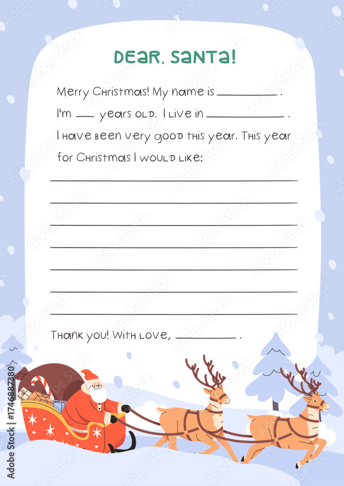 Fototapeta premium Dear Santa letter template. Christmas mail, wishlist design. Winter holiday blank paper background with Xmas frame, seasonal greeting message, wish list lines, sample. Flat vector illustration.