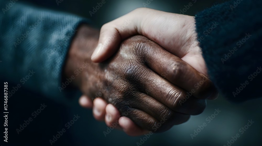 Fototapeta premium A firm handshake between two people of different skin tones signifies agreement and partnership