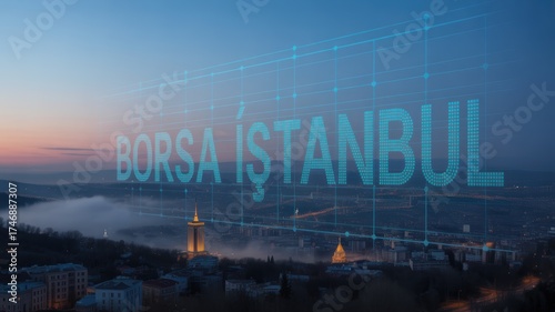 Borsa Istanbul cityscape at dusk with digital overlay and financial graph