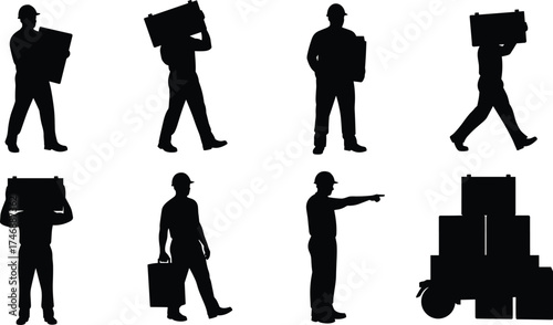 Silhouette workers carrying boxes, lifting packages, warehouse logistics, manual labor, shipping delivery, storage handling, transportation, freight distribution, occupational safety illustration