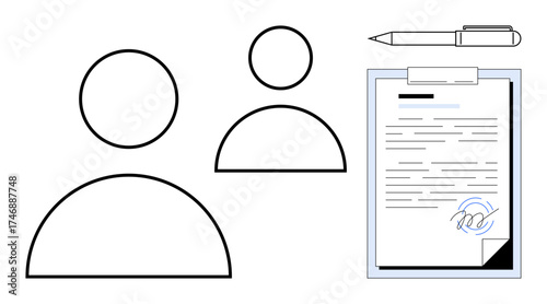 Two user profile icons next to a signed document and pen, illustrating collaboration, contracts, and agreements. Ideal for business, HR, legal, partnership, authorization communication simple flat