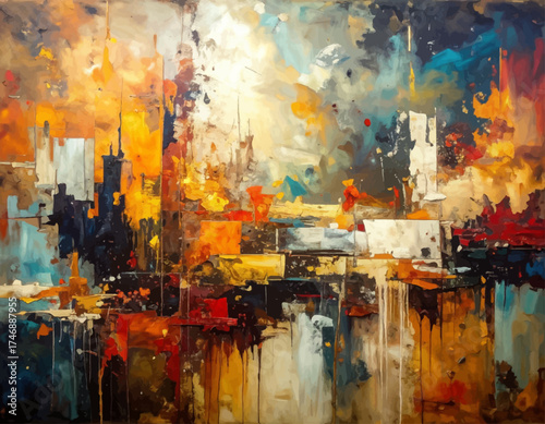 Abstract Urban Cityscape Painting with Bold Colors and Textures, Expressing Raw Emotion