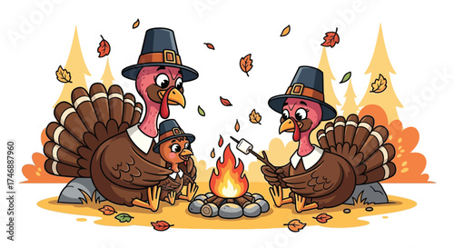 Turkey family roasting marshmallow over campfire during thanksgiving day