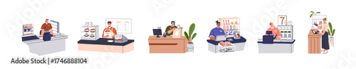 Store employees, workers set. Cashier, shop assistant, consultant behind counter, checkout desk at supermarket cash register, grocery, bakery. Flat vector illustrations isolated on white background.