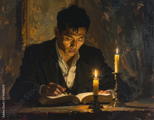 Chiaroscuro painting of a man studying a book by candlelight, evoking focus and solitude