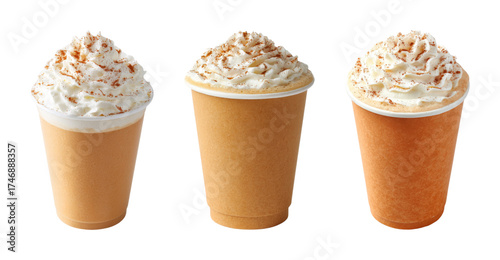 Autumnal pumpkin spice latte with whipped cream and cinnamon topping, perfect for seasonal cafe marketing PNG set with transparent background