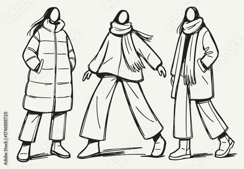 Abstract cartoon sketch fashion illustration in warm winter clothes. Three girls in down coat, jacket, pants models