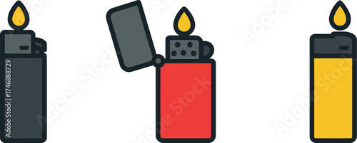 Lighter Illustration Set with Flame Icon Style Design Three Different Colorful Lighters for Design Concepts