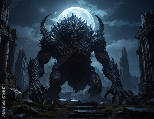 Dark Fantasy Monstrous Guardian in Ruins Under Eerie Moonlight