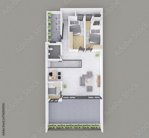 Detailed 3D Rendering House Interior Floor Plan With Furniture Layout