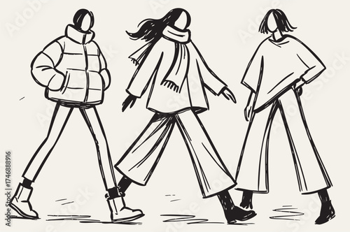 Abstract cartoon sketch fashion illustration in warm winter clothes. Persons in down coat, jacket, pants