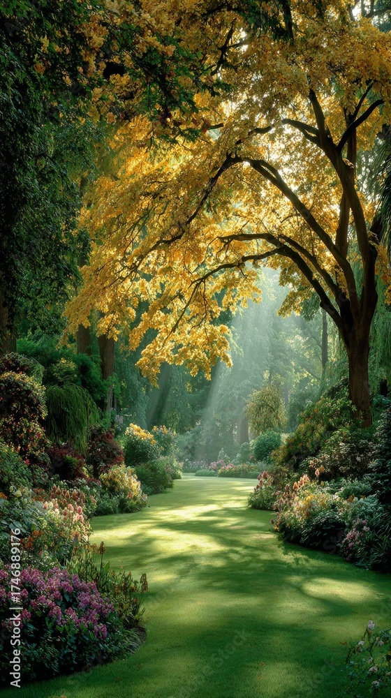 Fototapeta premium Morning elegance: the majestic glow of an autumn meadow. Designer fashion. Autumn's mystic dance: meadow bathed in morning light and fog. Rich texture. Luxury portrait.