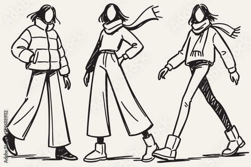 Abstract cartoon sketch fashion illustration. Three girls in down in Winter, autumn clothes