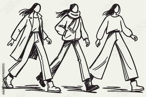 Abstract cartoon sketch fashion illustration. Three girls in down in Winter, autumn clothes