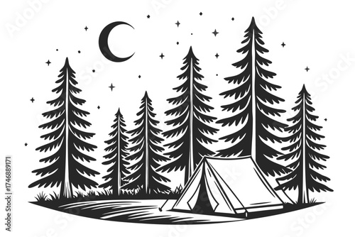  landscape, moonlit forest, pine trees, crescent moon, stars, tent, minimalist, black and white, line art