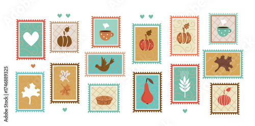 Vector set of autumn retro postage stamps featuring harvest elements. Fall season flat design for Thanksgiving, post cards, greeting card, and decoration.