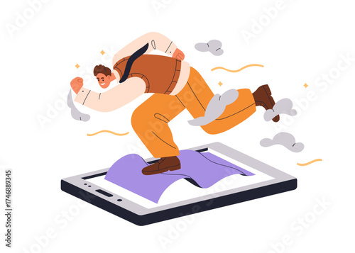 Man running on mobile phone screen. Digital rush, addiction, internet surfing concept. Scrolling social media on smartphone. Fast virtual life. Flat vector illustration isolated on white background.