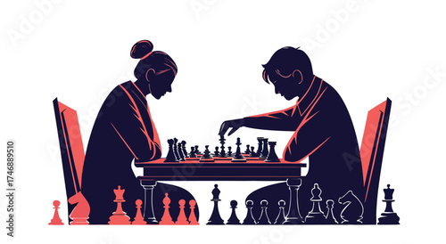 Two people intensely playing chess on a wooden table.

