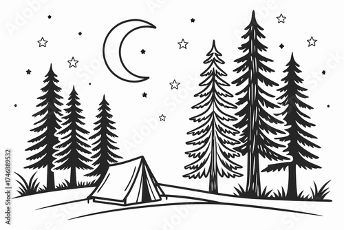  landscape, moonlit forest, pine trees, crescent moon, stars, tent, minimalist, black and white, line art