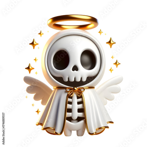 Cute 3d skeleton wearing ghost cloak surrounded by a golden halo isolated on white background