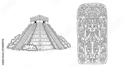 Chichen Itza pyramid and Mayan carving, detailed line drawing style
