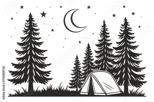  landscape, moonlit forest, pine trees, crescent moon, stars, tent, minimalist, black and white, line art