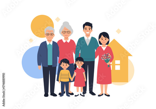 A loving multi-generational family standing together in front of a house.