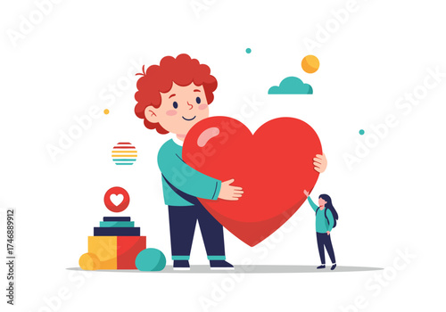 A small child embraces a very large heart with love and kindness shown by another child helping out.