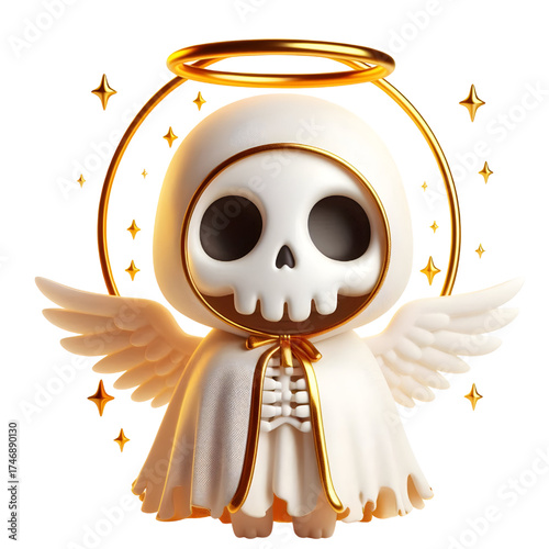 Cute 3d skeleton wearing ghost cloak surrounded by a golden halo isolated on white background