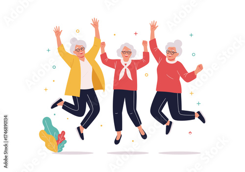 Three joyful elderly women jumping in the air celebrating a victory or special occasion.