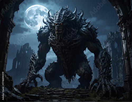 Epic Dark Fantasy Monster Guardian of Ancient Ruins Under Eerie Moonlight