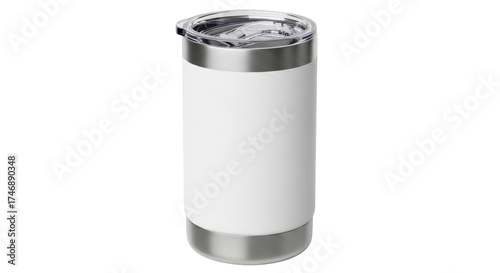 Bild auf Leinwand Isolated stainless steel tumbler with lid for hot and cold drinks against plain