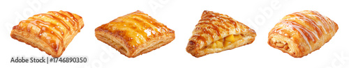 Delicious golden puff pastry turnovers with sweet glaze and fruit filling, perfect for cafe menu and bakery advertising PNG set with transparent background