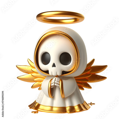 Cute 3d skeleton wearing ghost cloak surrounded by a golden halo isolated on white background