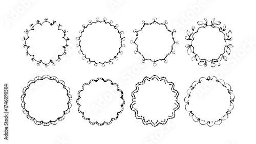 Hand drawn baby shower frames and borders. Vintage scallop trim for wedding or birthday cards decoration, whimsical coquette vector design set.icon

