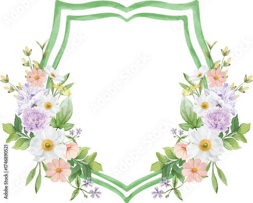 A beautiful watercolor floral frame featuring delicate pastel flowers and lush green leaves, perfect for adding a touch of elegance to any design project.