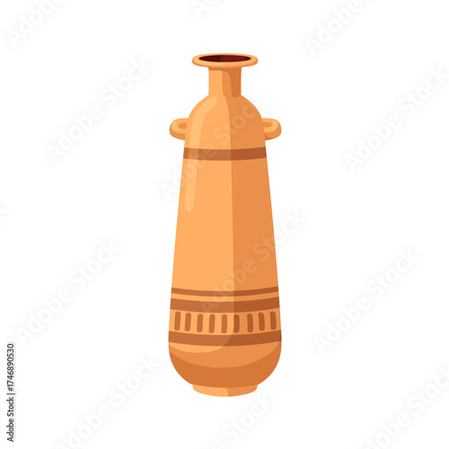 Tall ancient pottery, clay vessel. Long high ceramic container, old antique Greek crockery. Vintage historic pot, elongated earthen crock. Flat vector illustration isolated on white background.