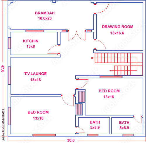 Modern vector house floor plan blueprint design showing living spaces, bedrooms, kitchen, drawing room, baths with exact room sizes and dimensions,36.6x47.6